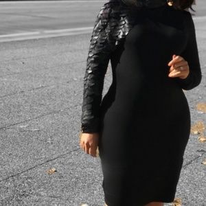 Black Jersey Dinner Dress with leather sleeve